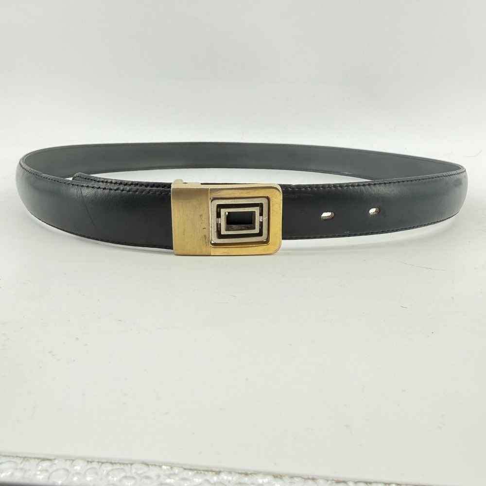 Vintage Leather Belt Mens 38 Black Two-Tone Geometric Buckle Dress Accessory USA